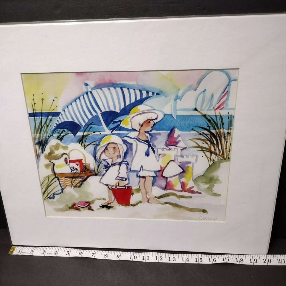 Signed Art Print by Diana Barnes, Matted Watercolor Artwork, Children on Beach - Picture 5 of 6